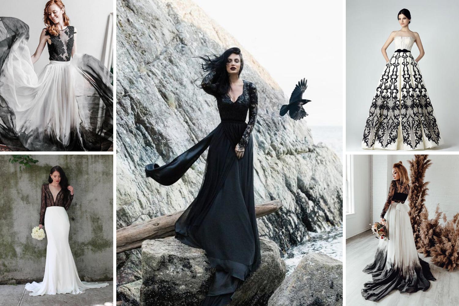 Черно-белое платье невесты, черное свадебное платье фото