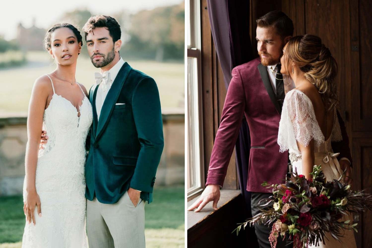 Бархатный костюм жениха в стиле glam идеи