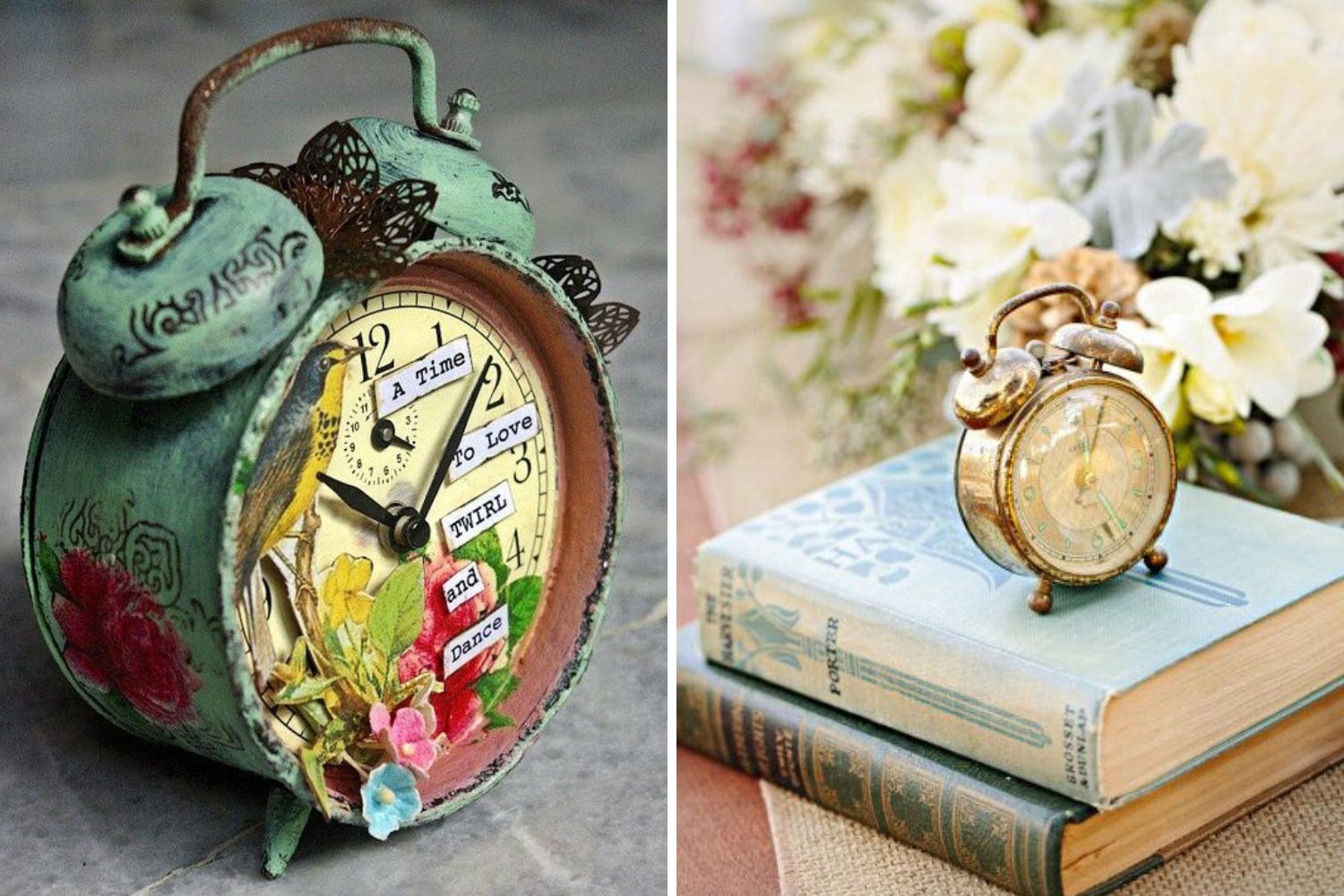 Винтажные композиции на столы: старинные часы, книги фото