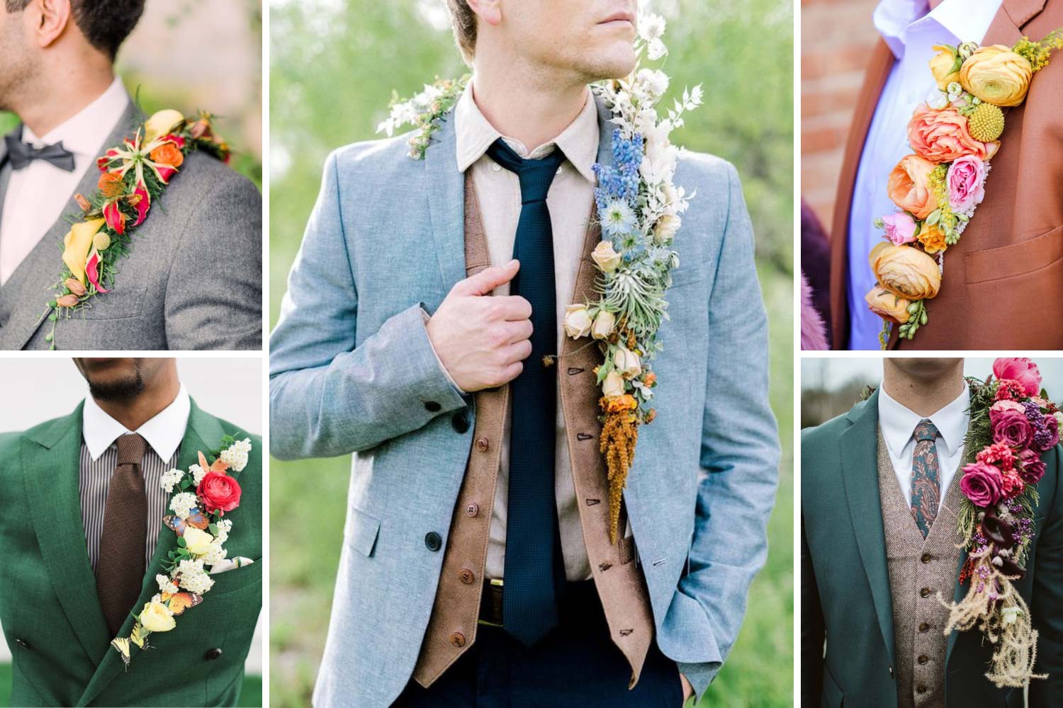 Цветочный каскад на лацкане пиджака жениха фото