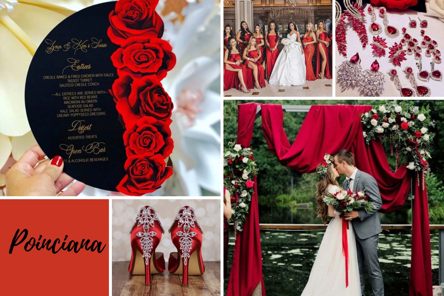 Алые свадебные туфли, красные платья свидетельниц, драгоценности с красными камнями фото